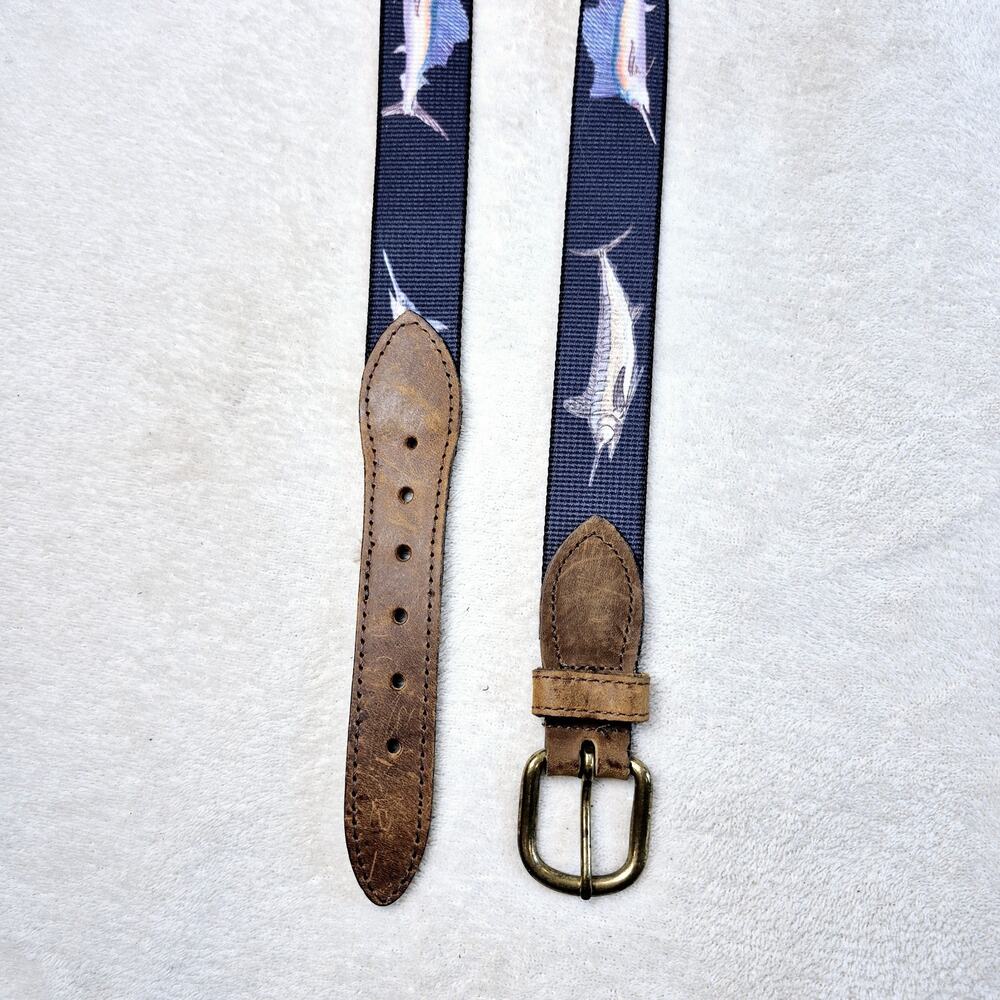 Thomas Bates Marlin Fish Belt Leather Nylon Solid Brass Mens Sz 42 Nautical USA